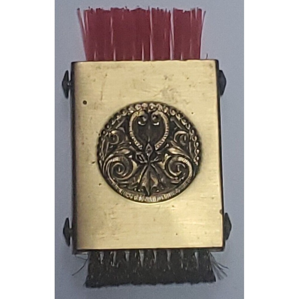 Vintage Embossed Brass Pocket Size Retractable Shoe Shine Brush Mini 2.25"x1.75"